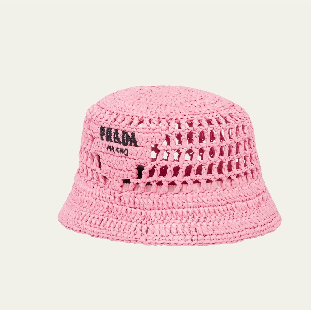 Prada Logo Cutout Raffia Bucket Hat